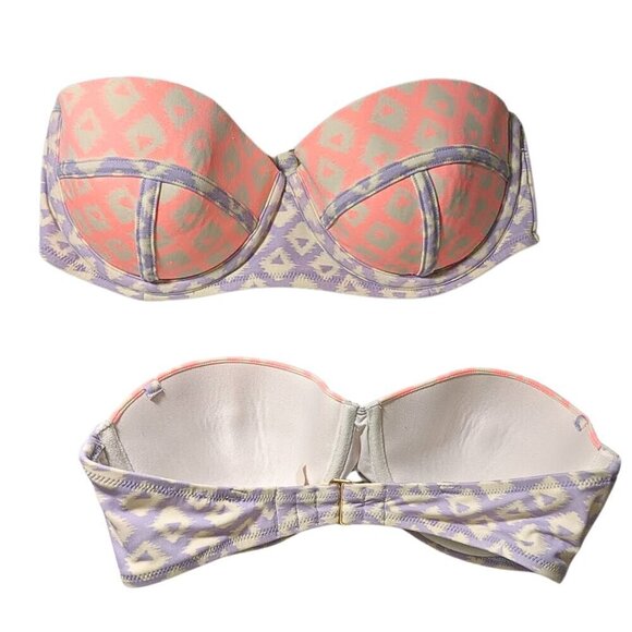 VICTORIA'S SECRET Flirt Bandeau Ikat Coral & Lavender Bikini Top Size 32DD - Picture 1 of 3